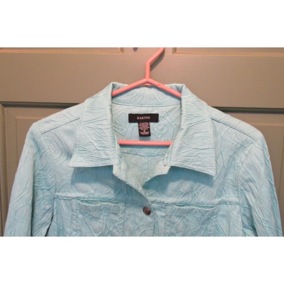 Kaktus Women's Blue Collared Button-Up Embroidered Long Sleeve Blouse Size M - Picture 2 of 8